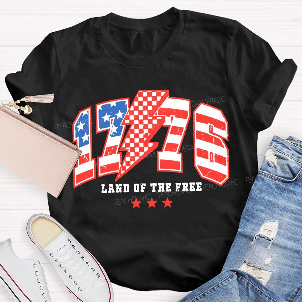 1776 Land Of The Free Red And Blue Lettering Print T-shirt