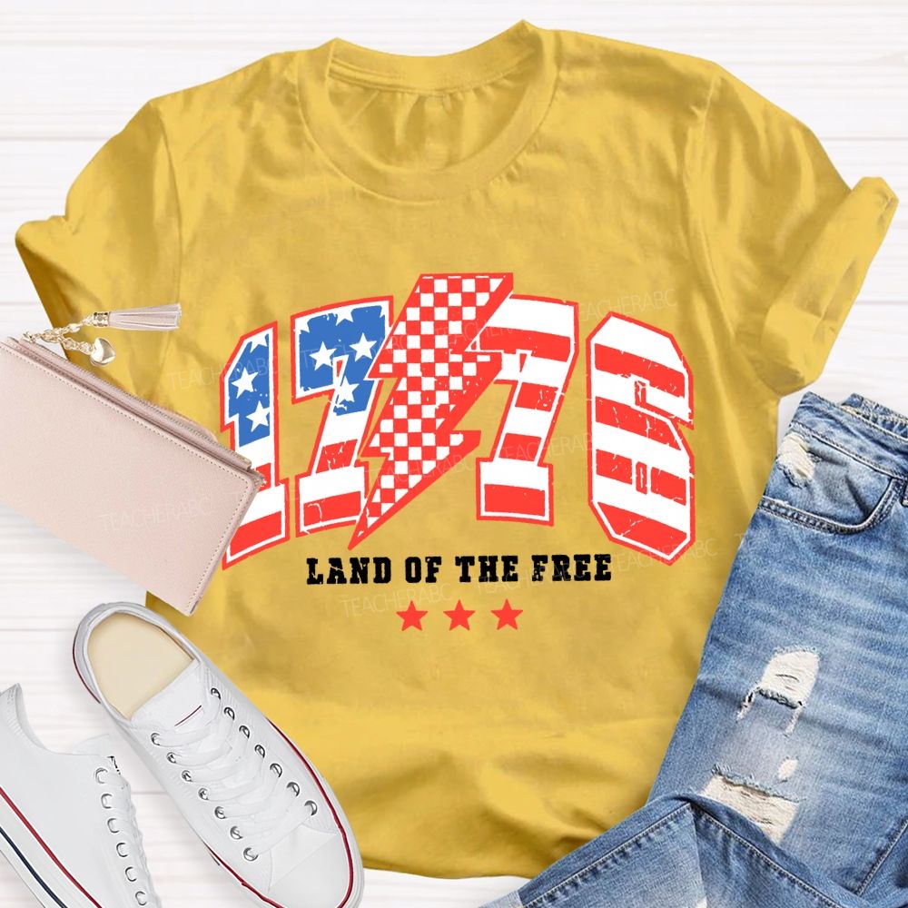 1776 Land Of The Free Red And Blue Lettering Print T-shirt