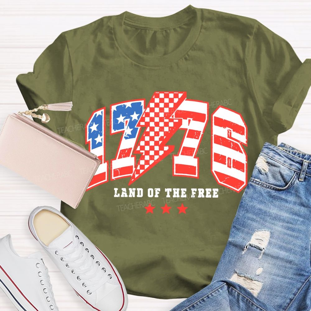 1776 Land Of The Free Red And Blue Lettering Print T-shirt