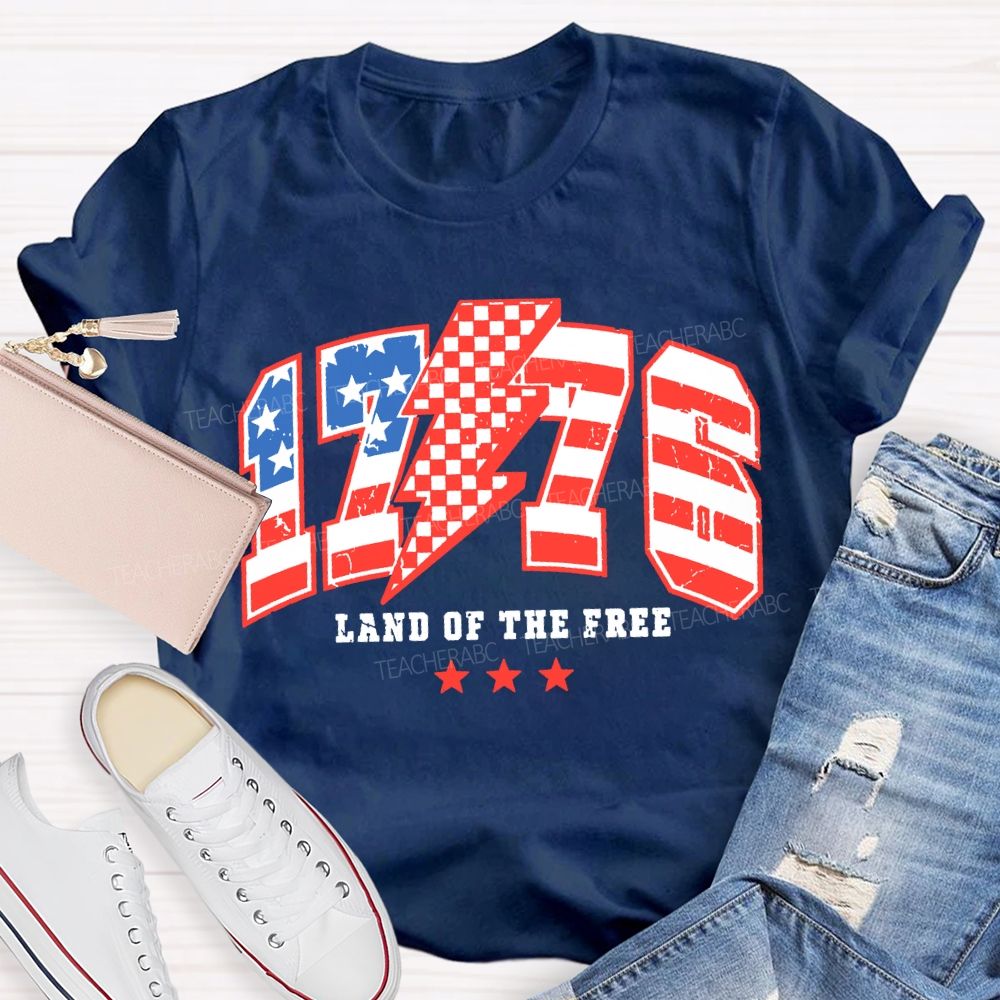 1776 Land Of The Free Red And Blue Lettering Print T-shirt