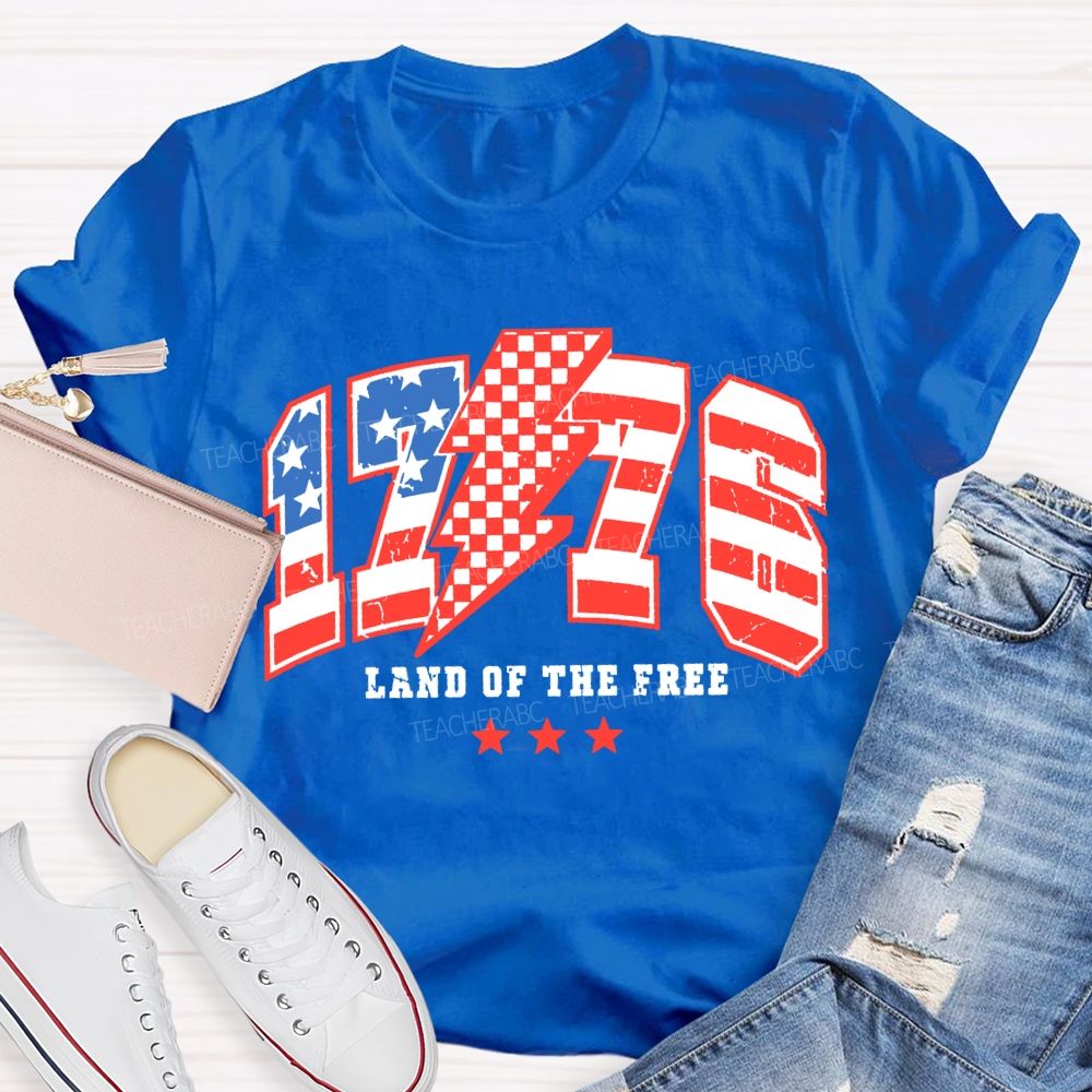 1776 Land Of The Free Red And Blue Lettering Print T-shirt