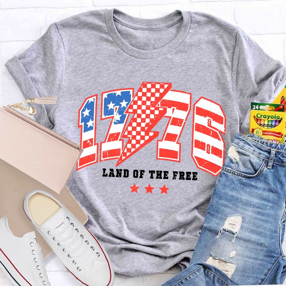 1776 Land Of The Free Red And Blue Lettering Print T-shirt