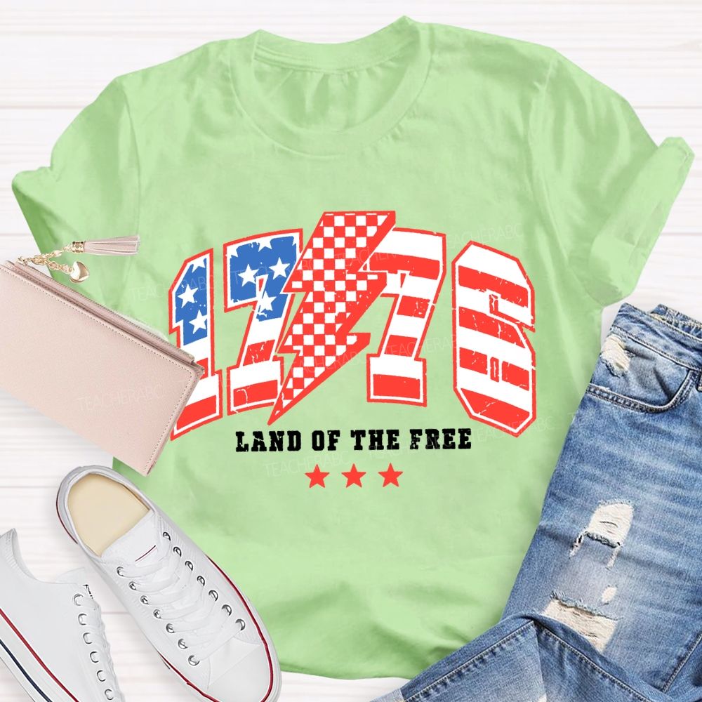 1776 Land Of The Free Red And Blue Lettering Print T-shirt