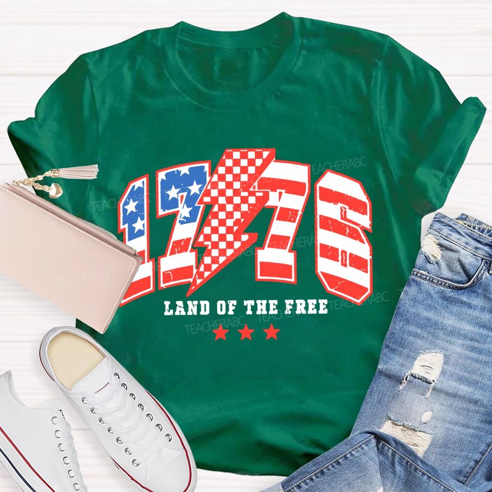 1776 Land Of The Free Red And Blue Lettering Print T-shirt