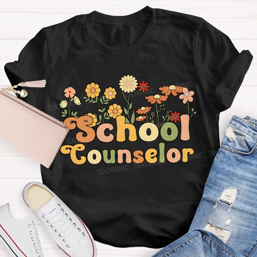School Counselor Colorful Bouquets And Lettering T-shirt