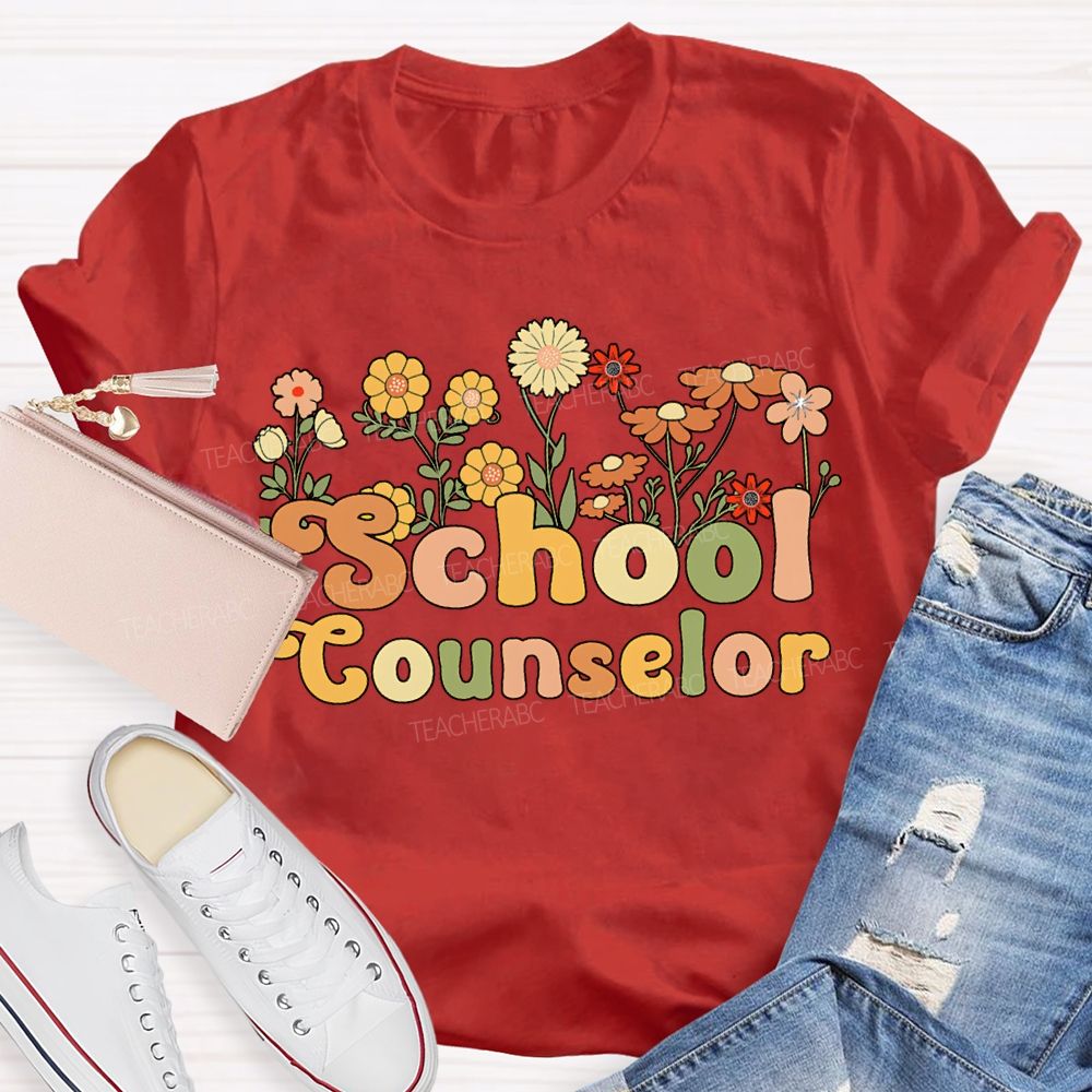 School Counselor Colorful Bouquets And Lettering T-shirt