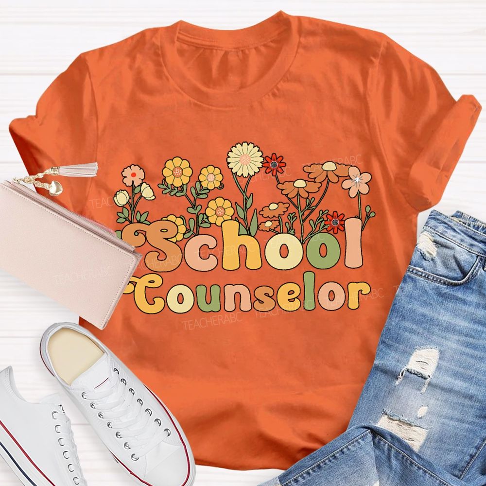 School Counselor Colorful Bouquets And Lettering T-shirt