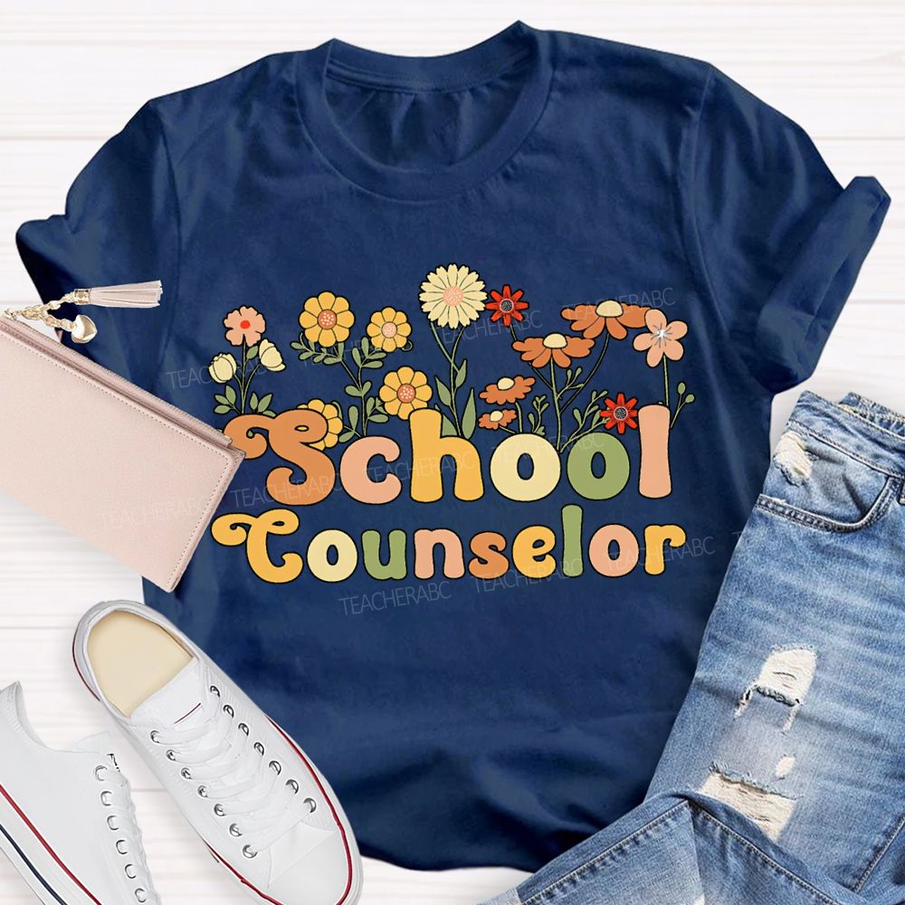 School Counselor Colorful Bouquets And Lettering T-shirt