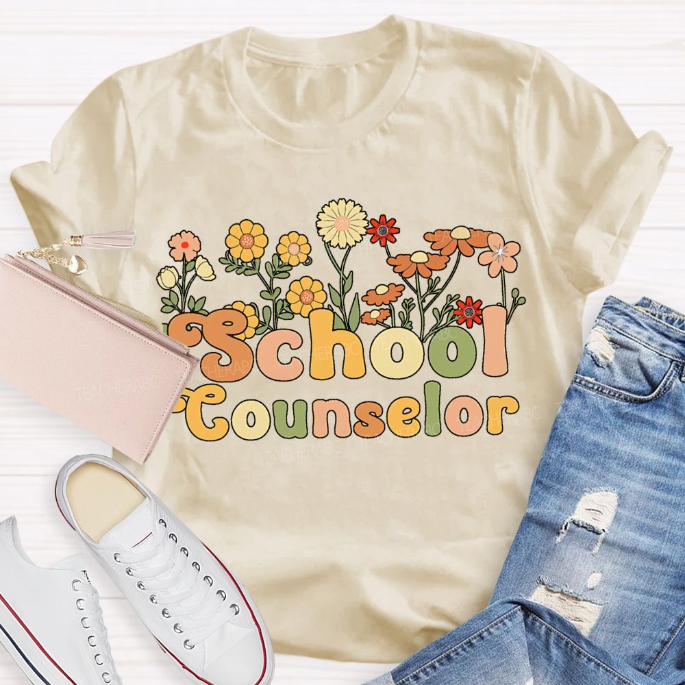 School Counselor Colorful Bouquets And Lettering T-shirt
