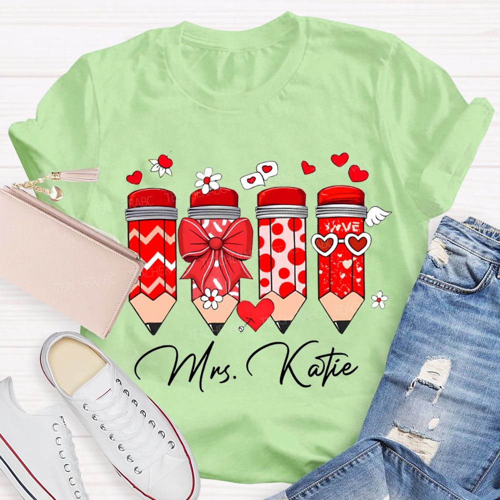 Personalized Name Heart And Bow Pencils T-shirt