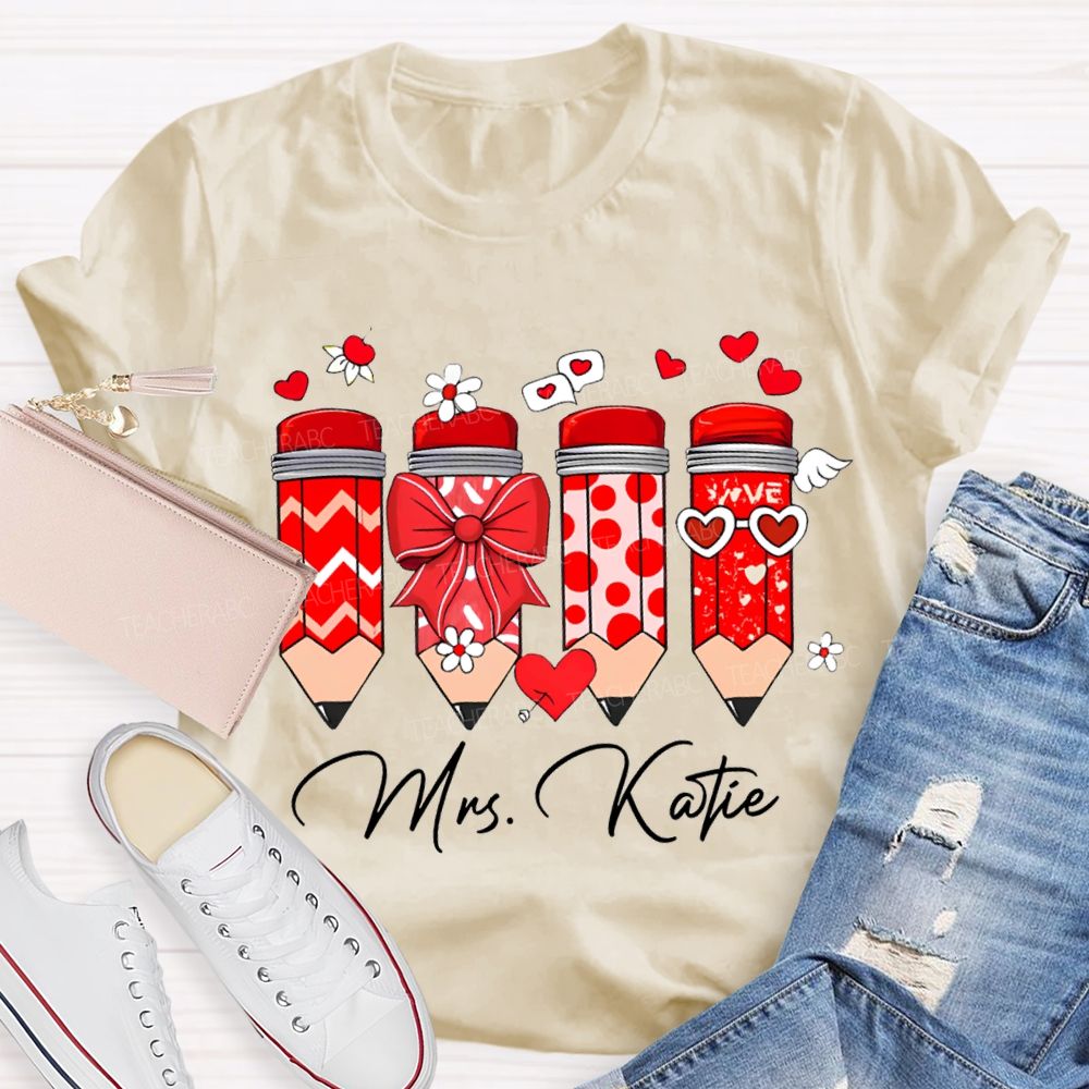 Personalized Name Heart And Bow Pencils T-shirt