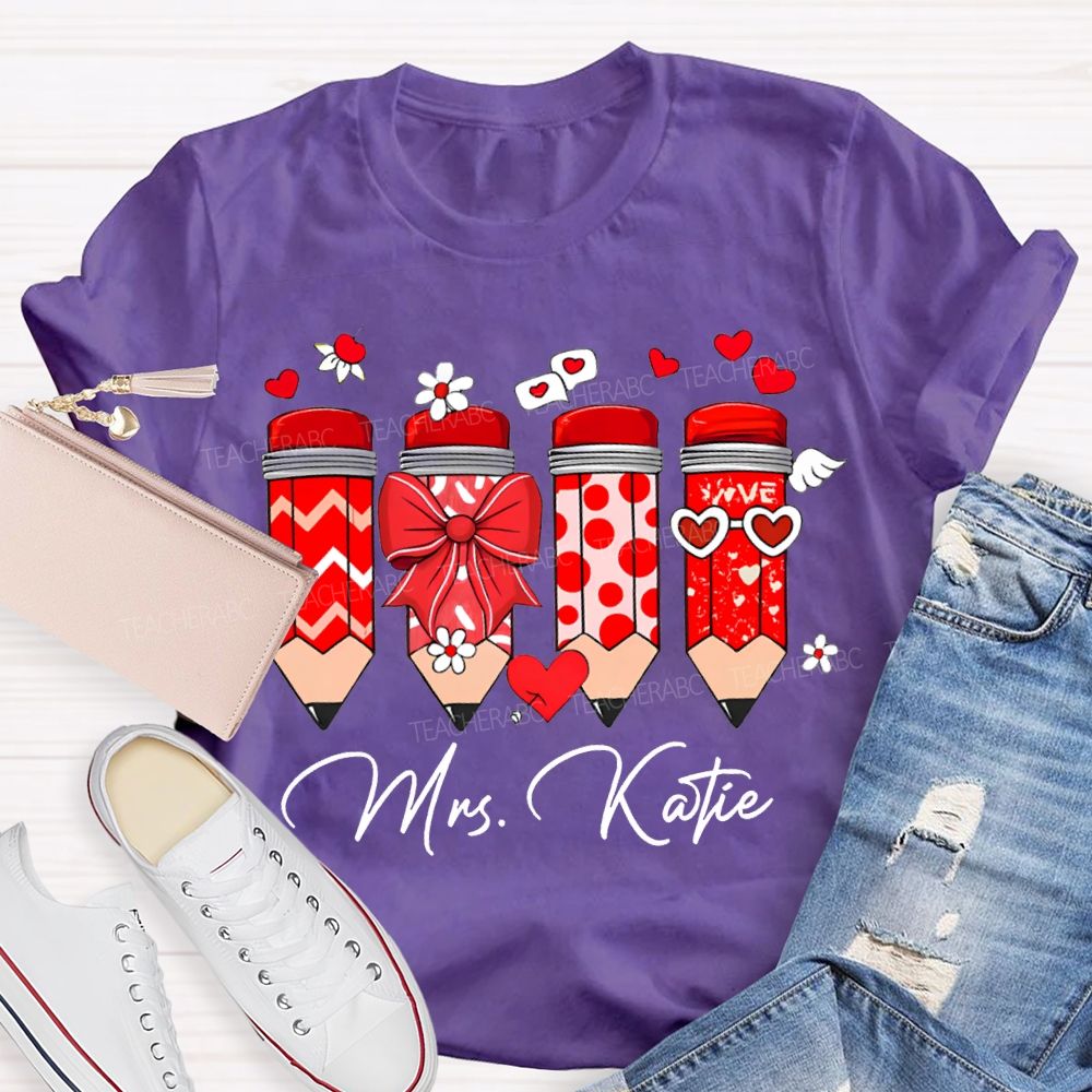 Personalized Name Heart And Bow Pencils T-shirt