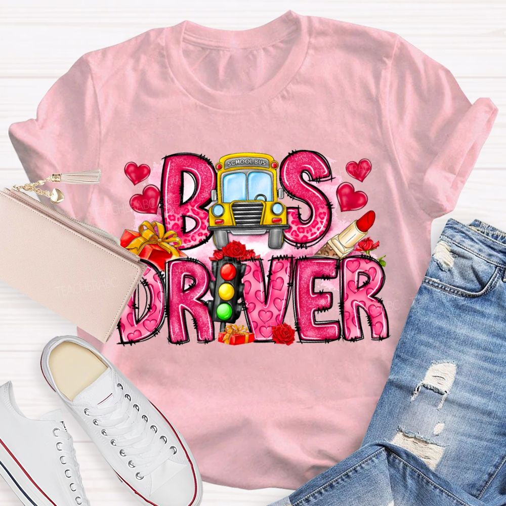 School Bus And Pink Heart Lettering T-shirt
