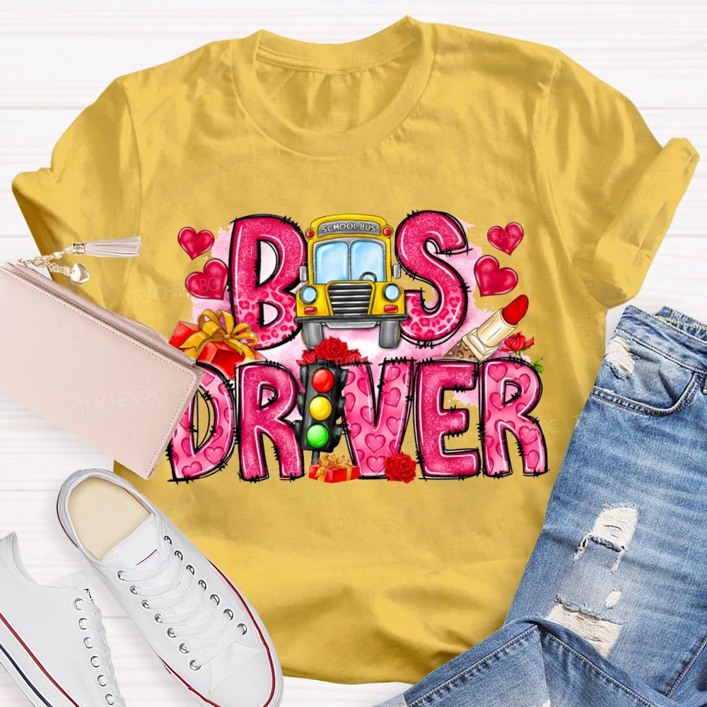 School Bus And Pink Heart Lettering T-shirt