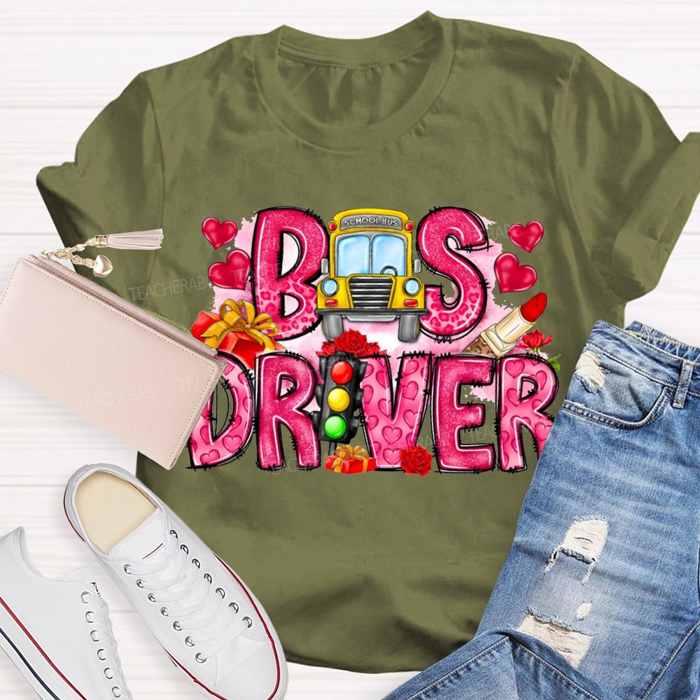 School Bus And Pink Heart Lettering T-shirt