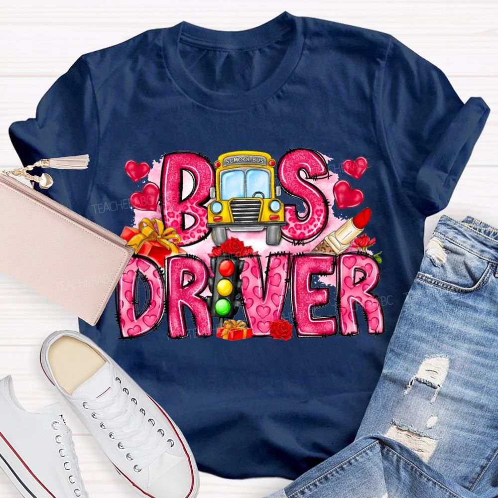 School Bus And Pink Heart Lettering T-shirt