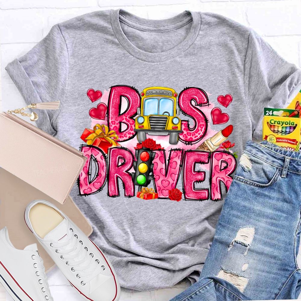 School Bus And Pink Heart Lettering T-shirt