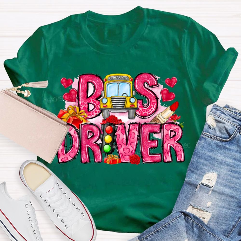 School Bus And Pink Heart Lettering T-shirt