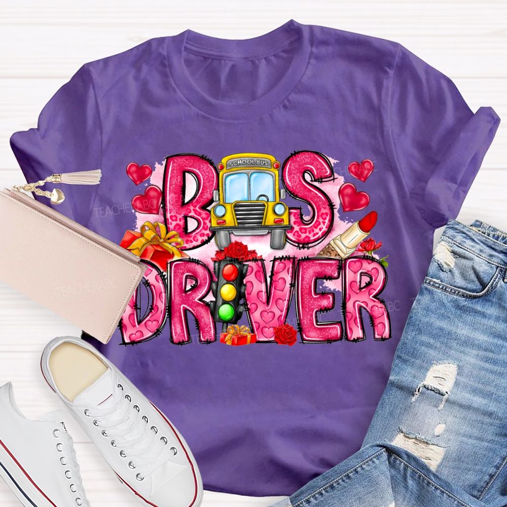 School Bus And Pink Heart Lettering T-shirt