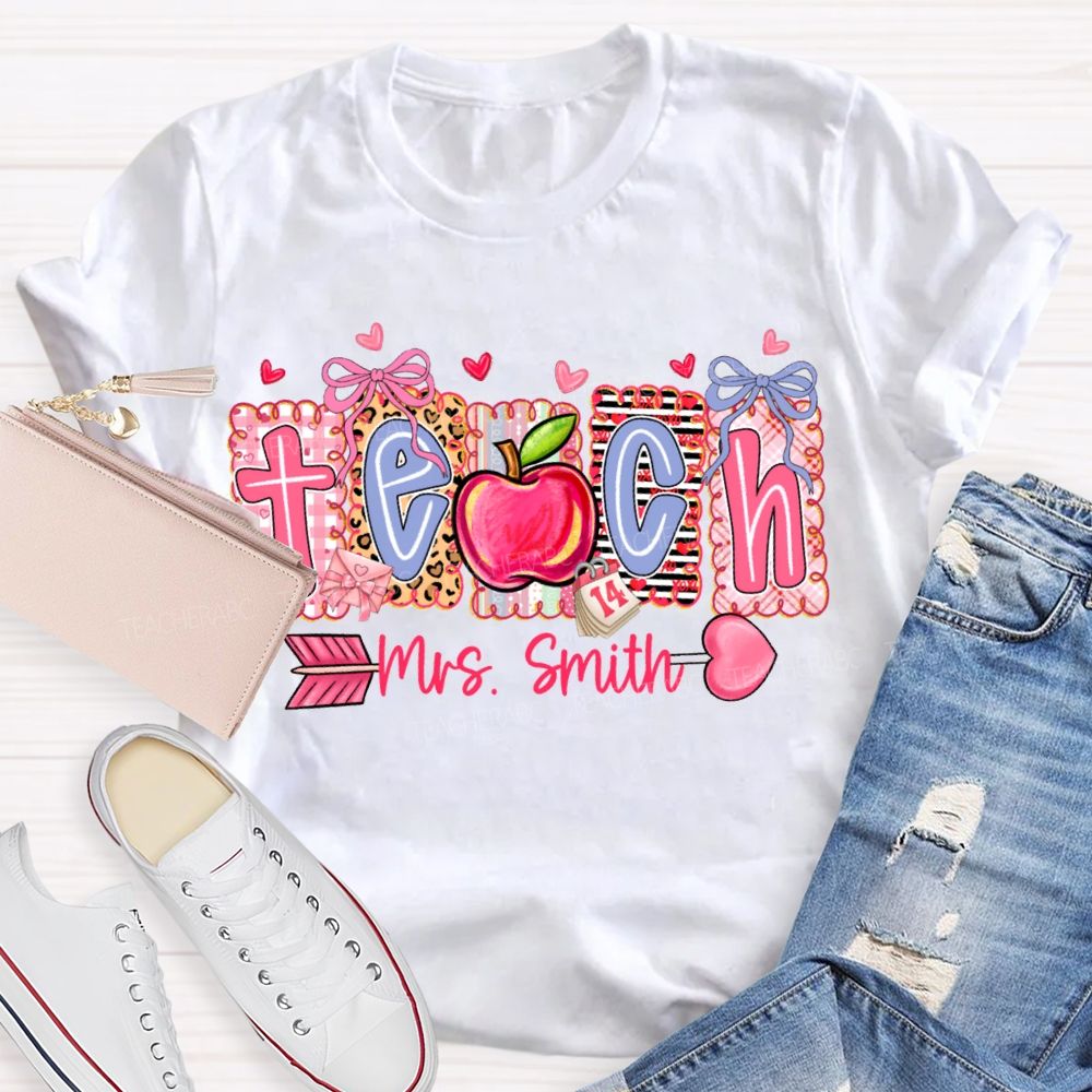 Personalized Name Teach Heart And Apple Prints T-shirt