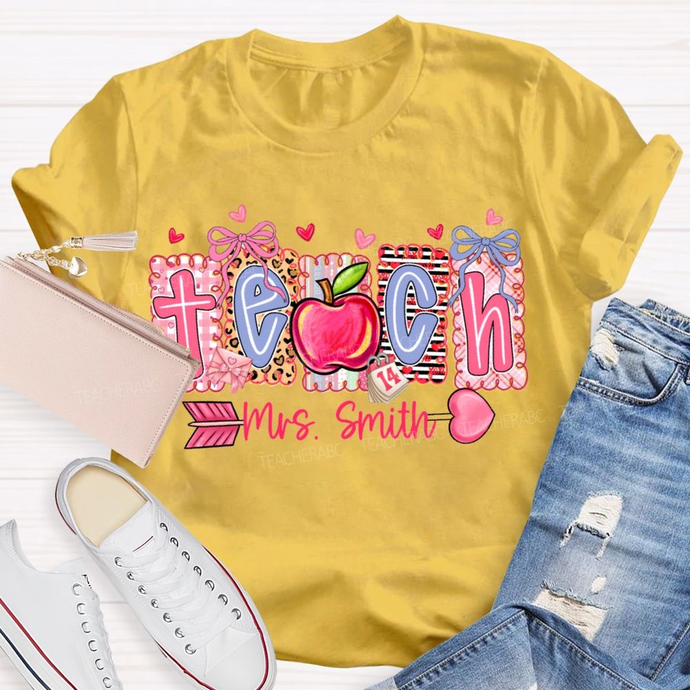 Personalized Name Teach Heart And Apple Prints T-shirt