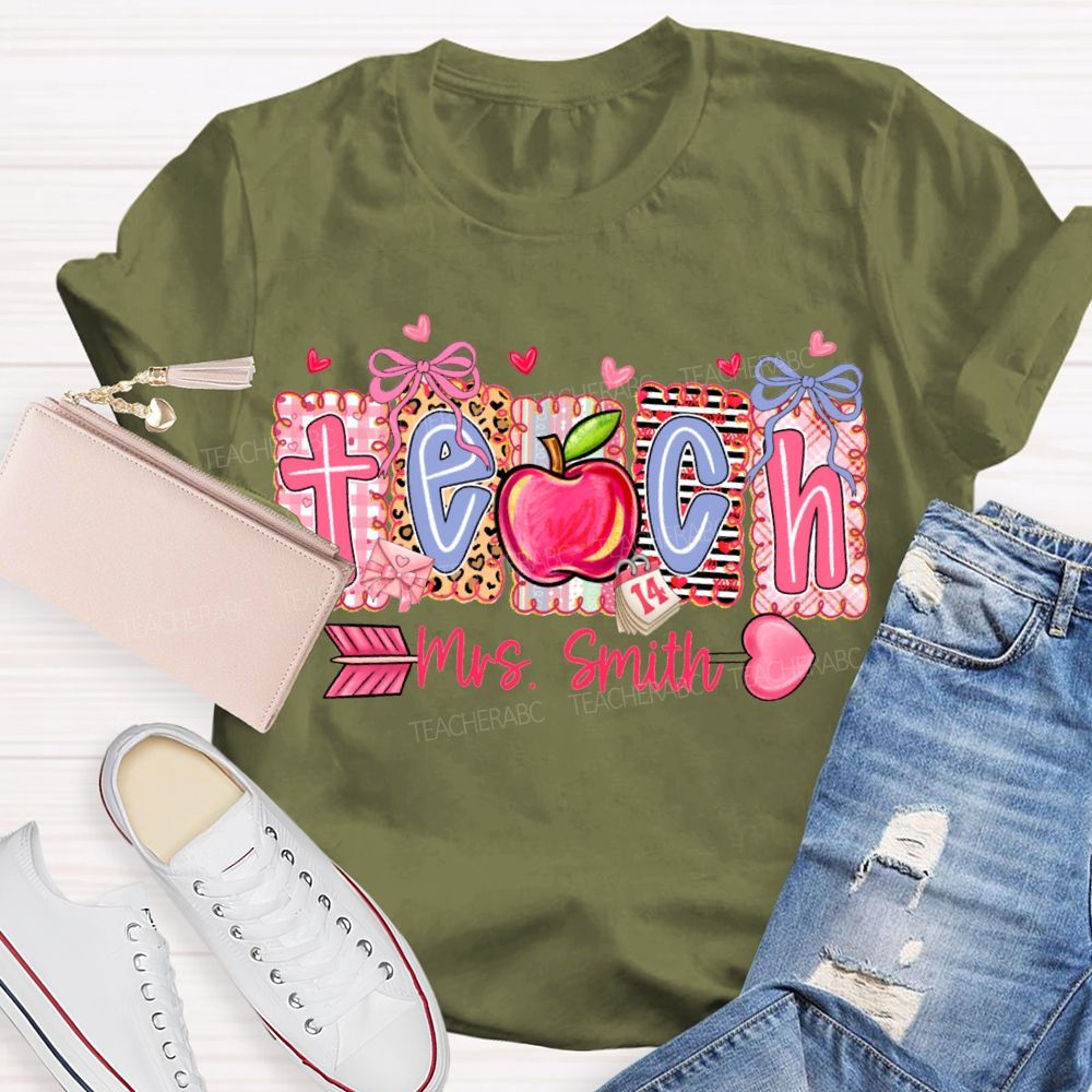 Personalized Name Teach Heart And Apple Prints T-shirt
