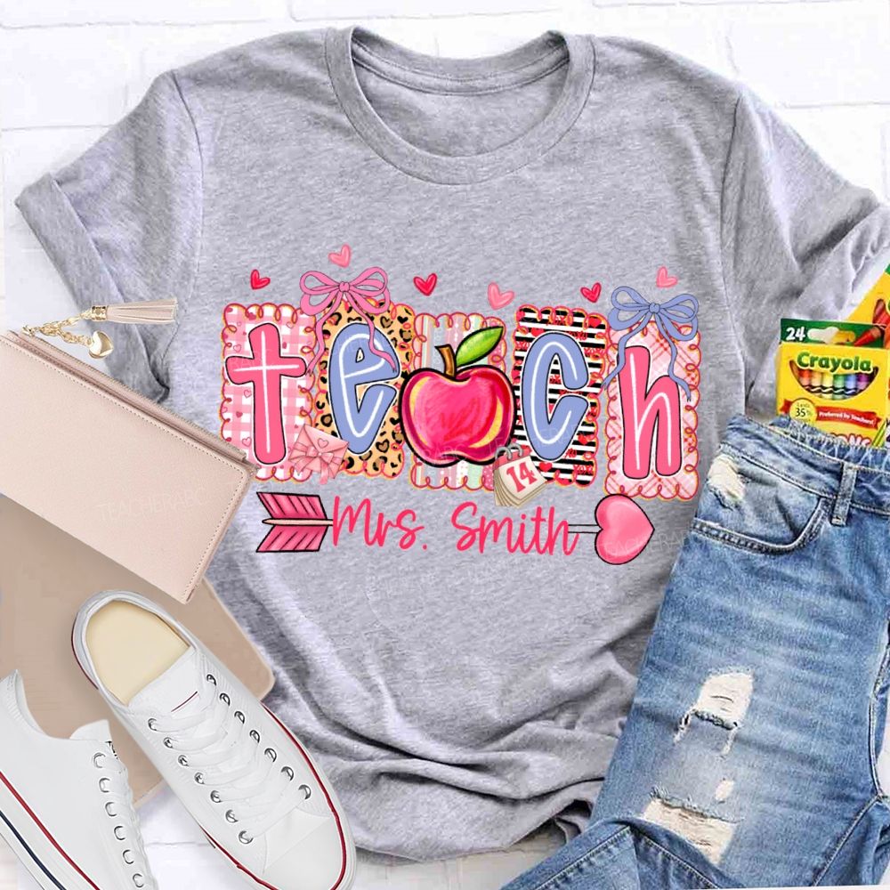Personalized Name Teach Heart And Apple Prints T-shirt