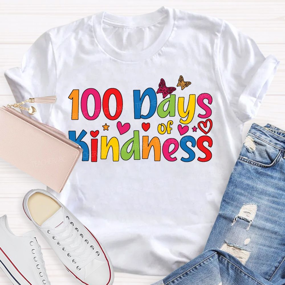 100 Days Of Kindness Colorful Hearts And Fonts T-shirt