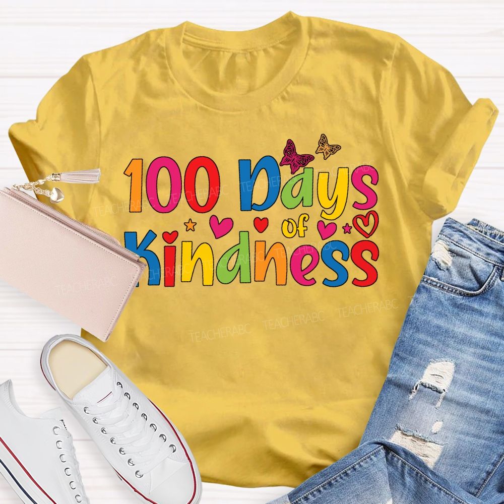 100 Days Of Kindness Colorful Hearts And Fonts T-shirt