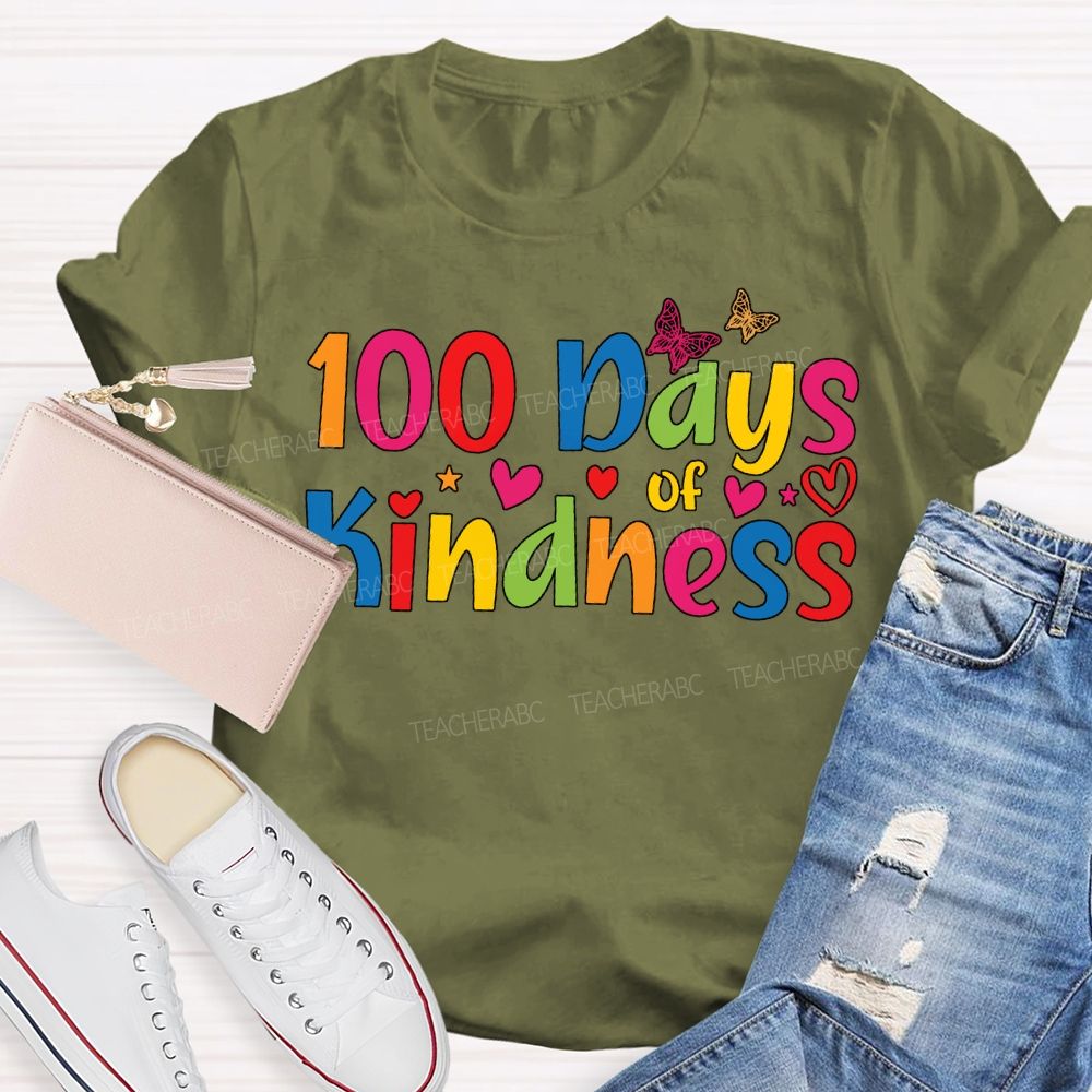100 Days Of Kindness Colorful Hearts And Fonts T-shirt