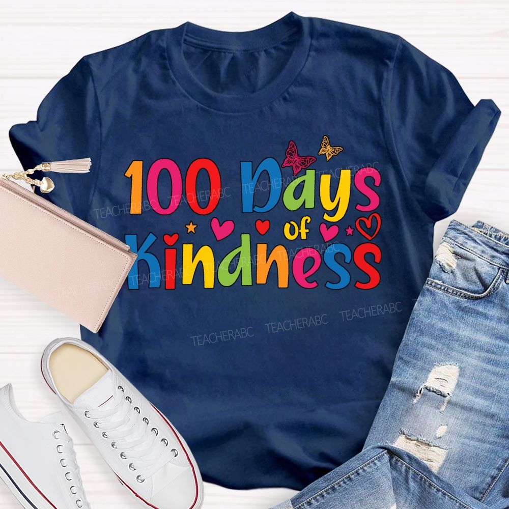 100 Days Of Kindness Colorful Hearts And Fonts T-shirt
