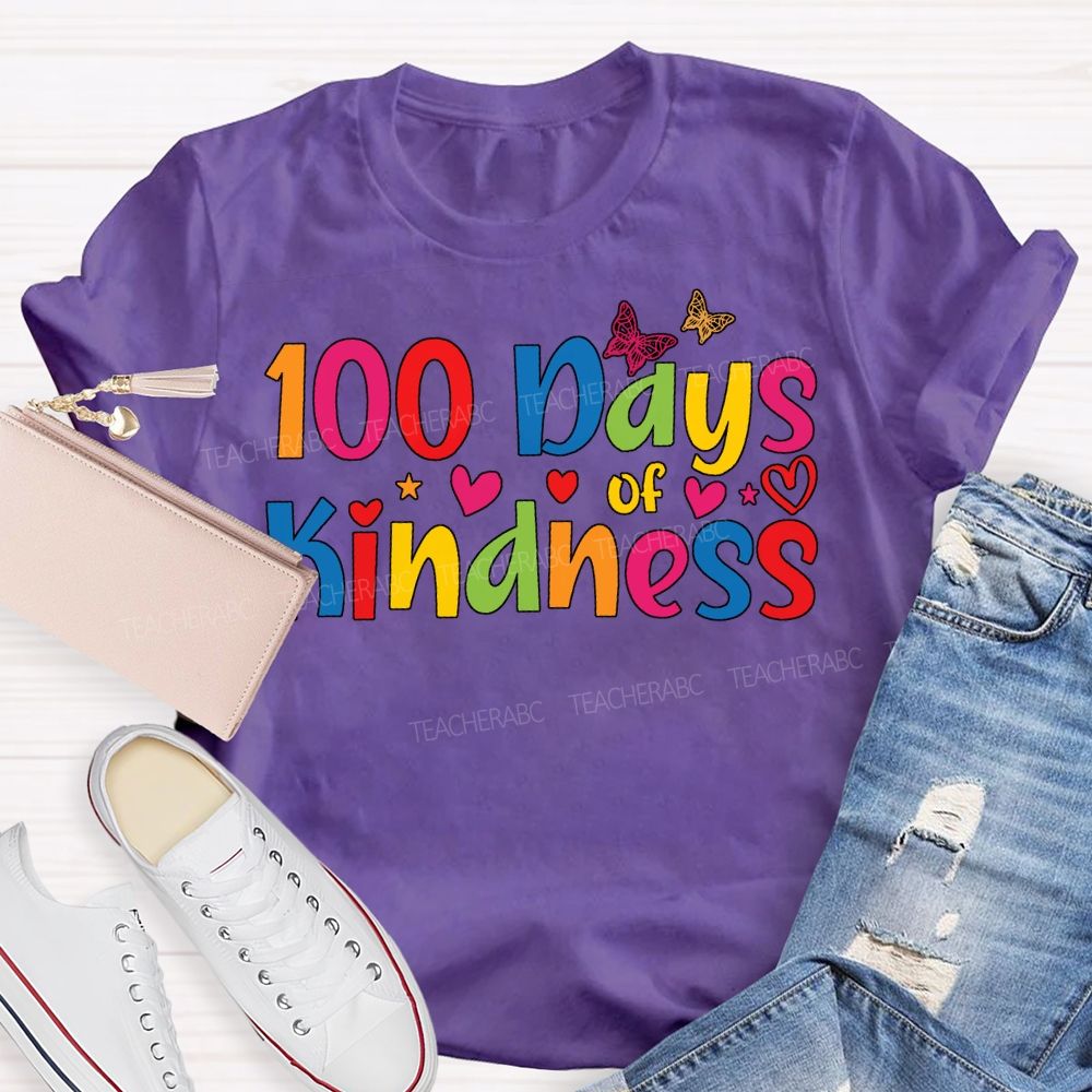 100 Days Of Kindness Colorful Hearts And Fonts T-shirt
