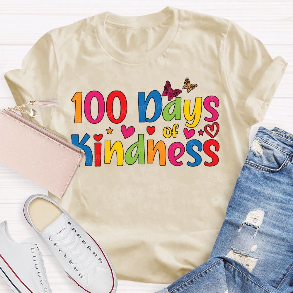 100 Days Of Kindness Colorful Hearts And Fonts T-shirt