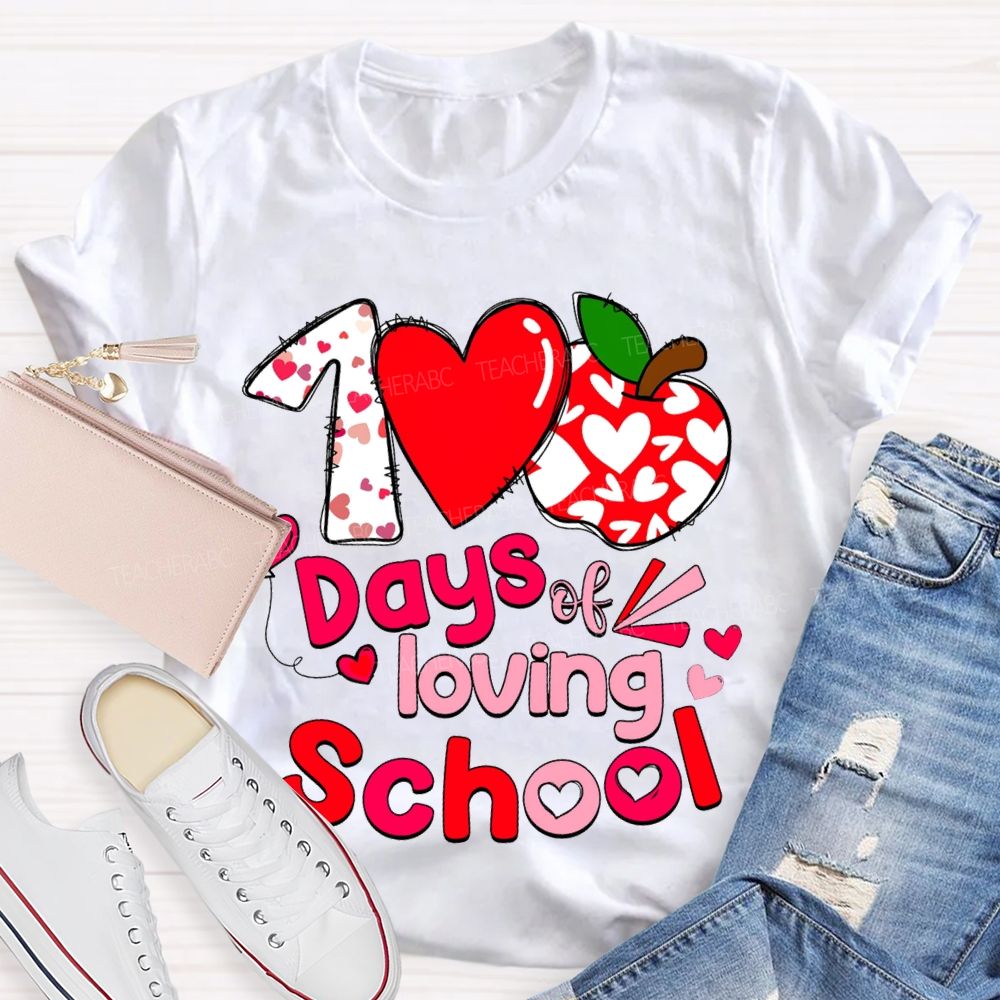 100 Days Of Loving School Heart And Apple Prints T-shirt