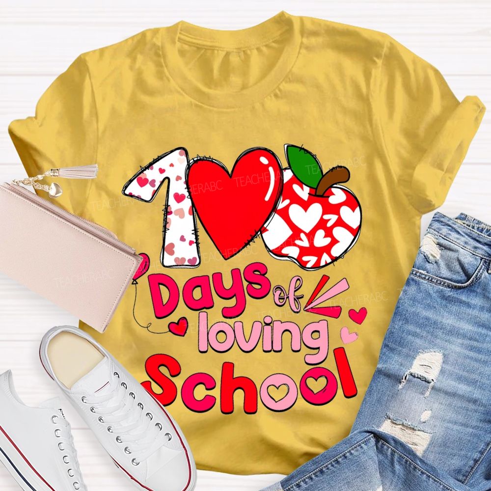 100 Days Of Loving School Heart And Apple Prints T-shirt
