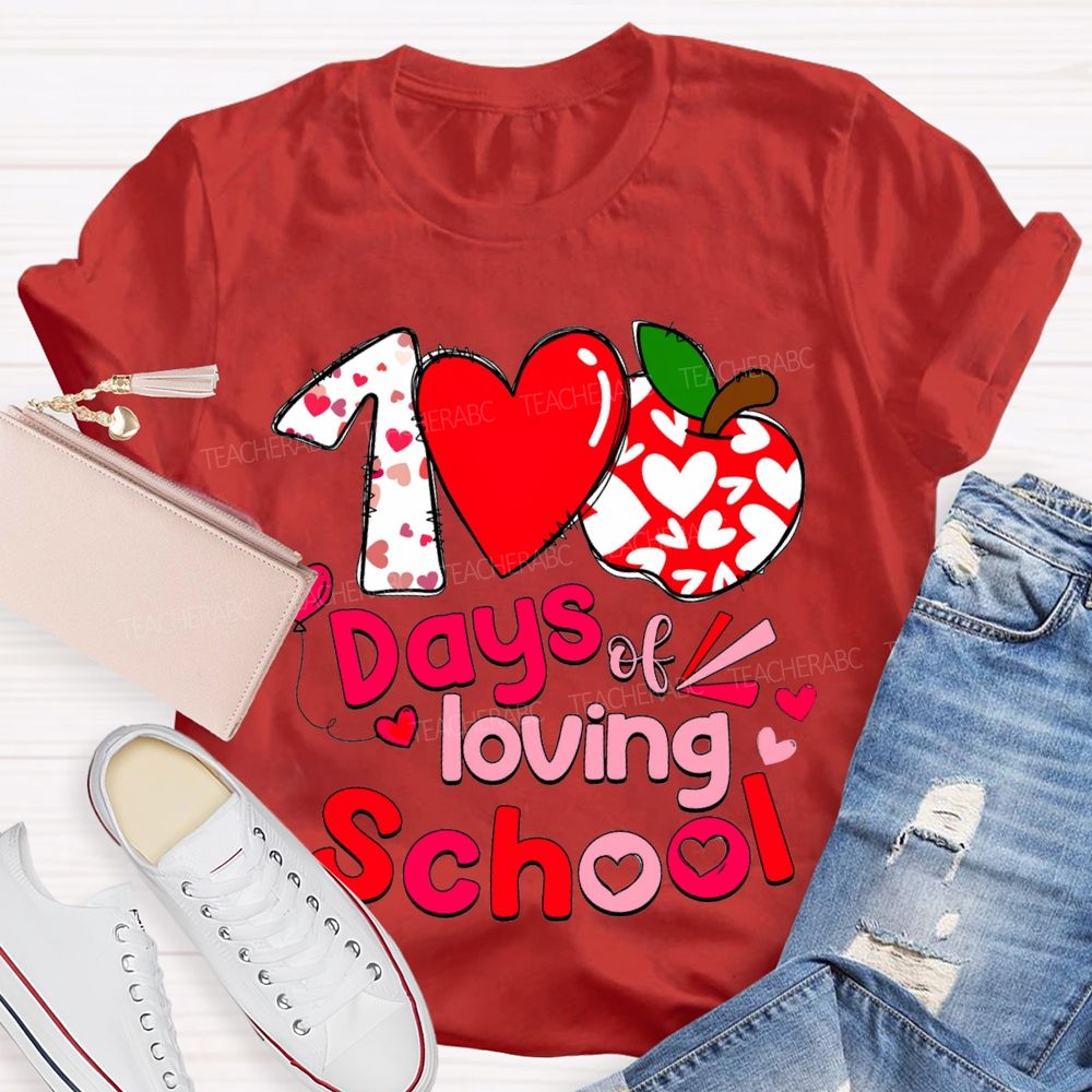 100 Days Of Loving School Heart And Apple Prints T-shirt