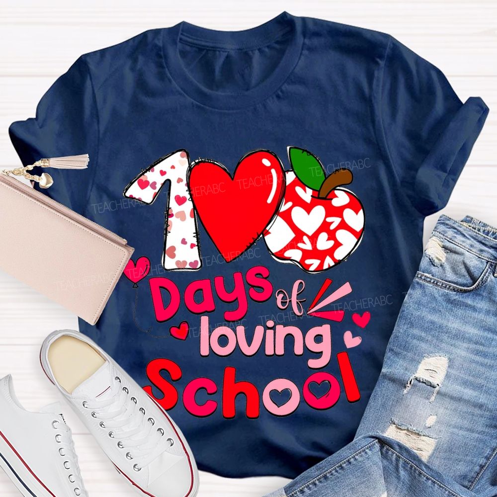 100 Days Of Loving School Heart And Apple Prints T-shirt