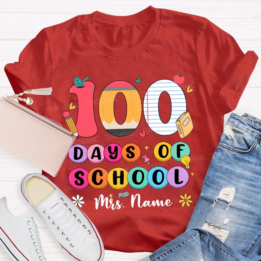 Personalized Name 100 Days Of School Colored Fonts T-shirt