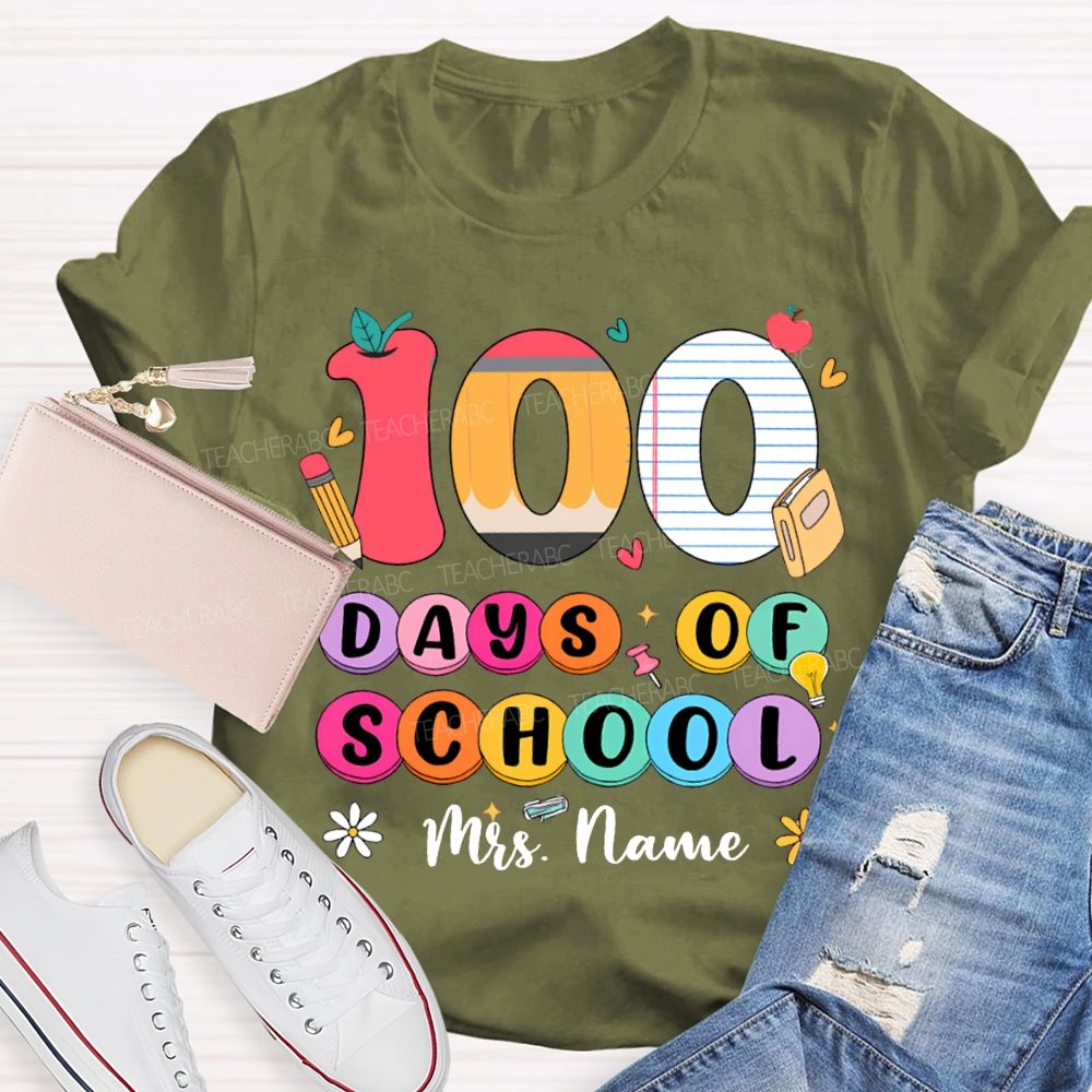 Personalized Name 100 Days Of School Colored Fonts T-shirt