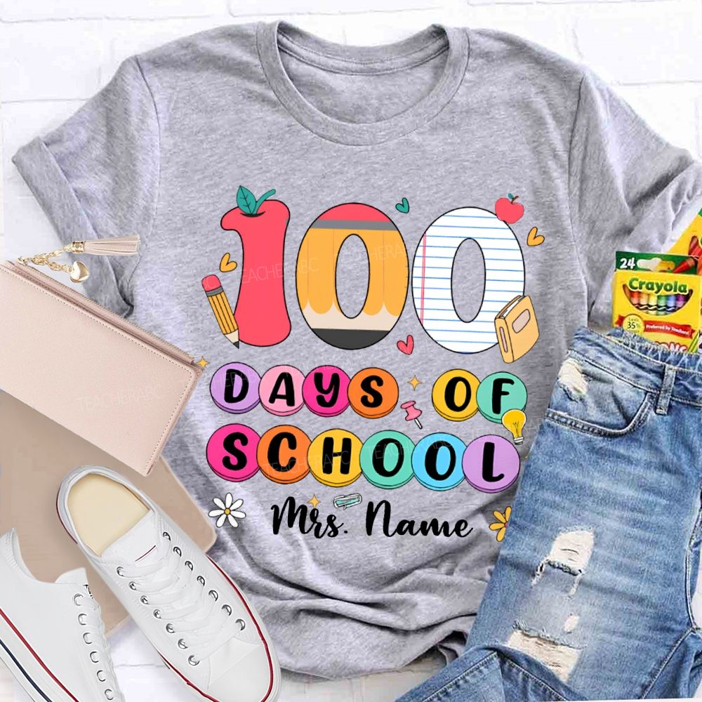 Personalized Name 100 Days Of School Colored Fonts T-shirt