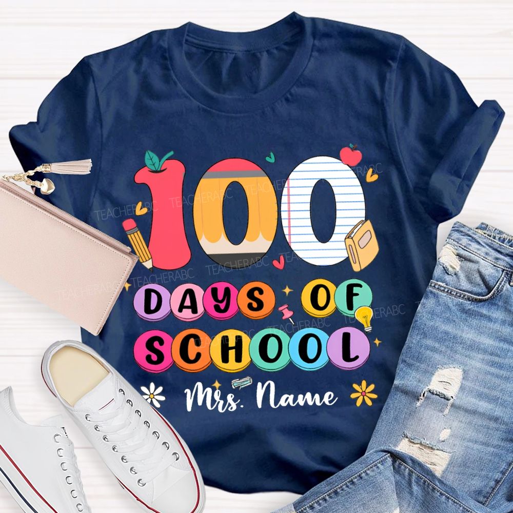 Personalized Name 100 Days Of School Colored Fonts T-shirt