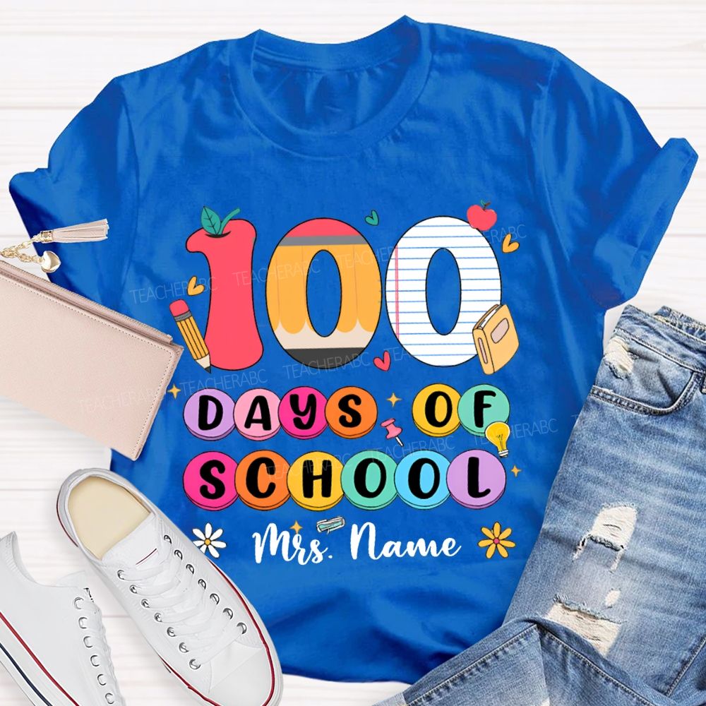 Personalized Name 100 Days Of School Colored Fonts T-shirt