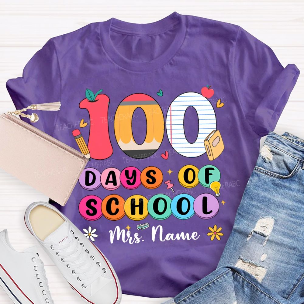 Personalized Name 100 Days Of School Colored Fonts T-shirt