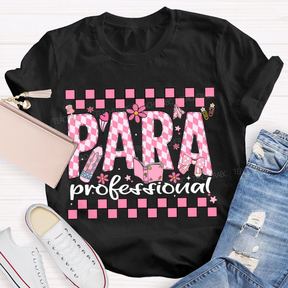 Para Professional Pink Checkered Lettering Print T-shirt
