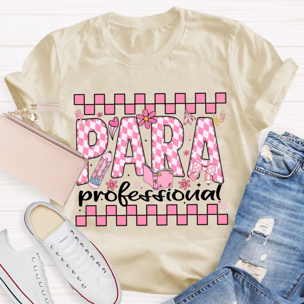 Para Professional Pink Checkered Lettering Print T-shirt