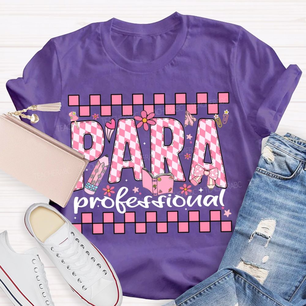Para Professional Pink Checkered Lettering Print T-shirt
