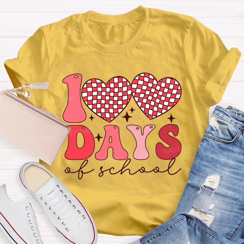 100 Days Of School Checkered Heart Print T-shirt