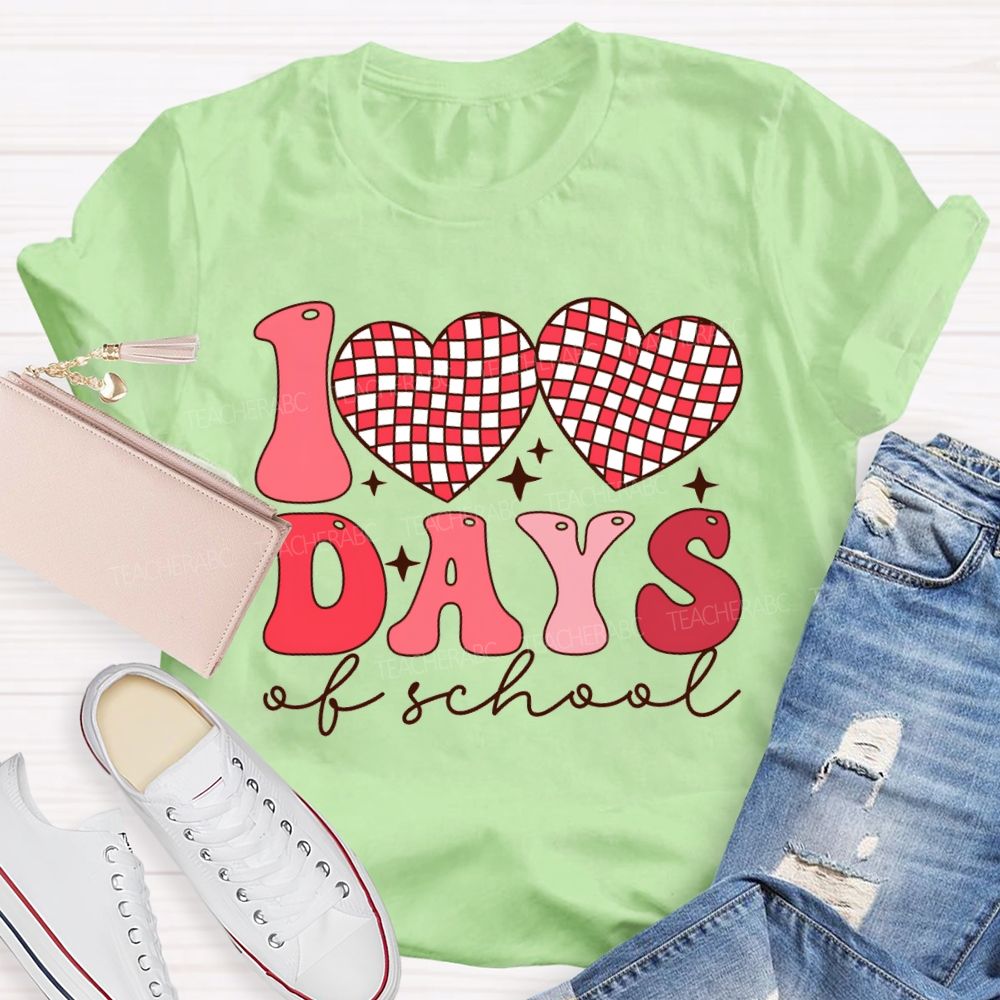 100 Days Of School Checkered Heart Print T-shirt