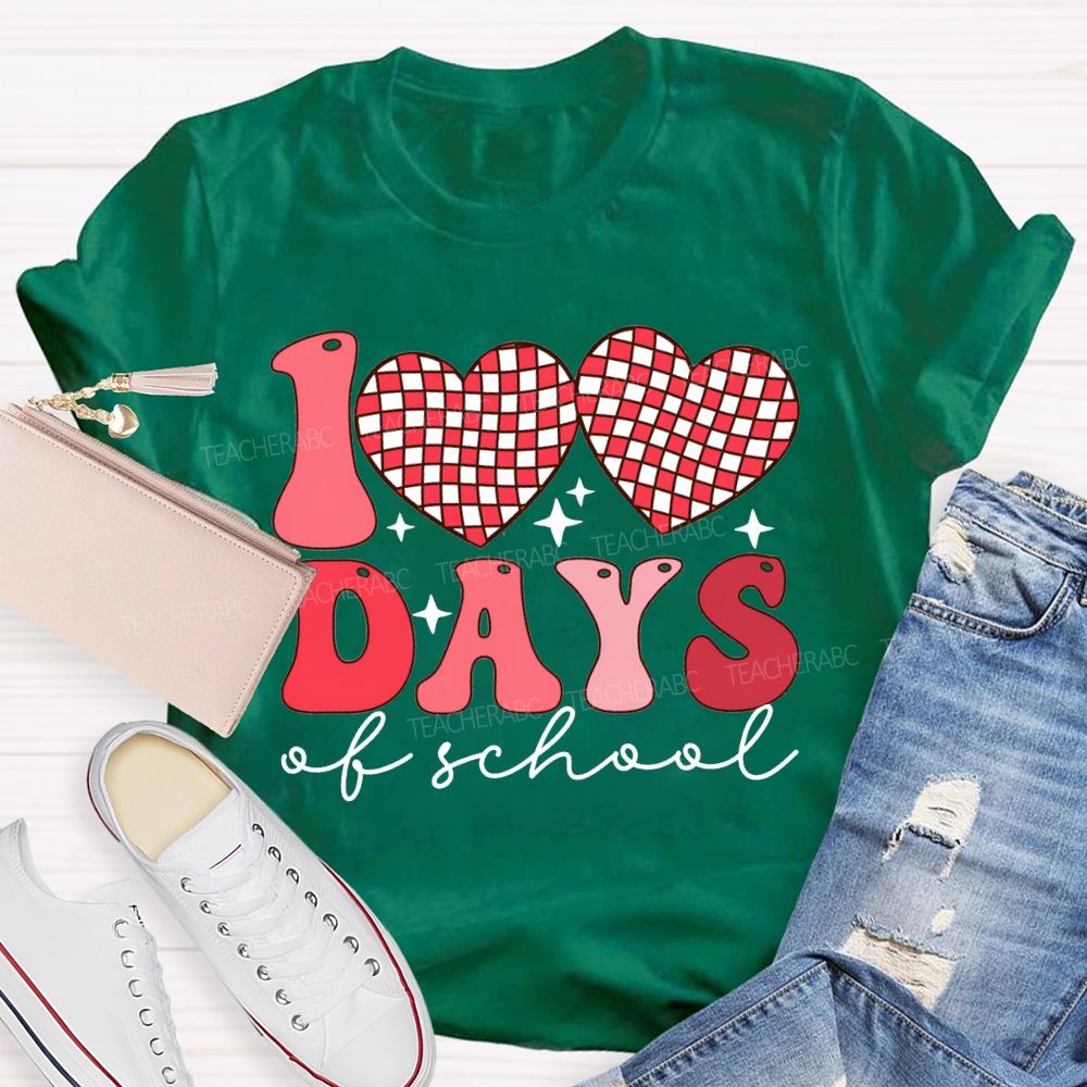 100 Days Of School Checkered Heart Print T-shirt