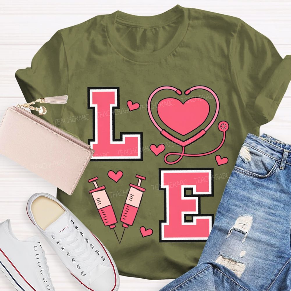 Love School Nurse Heart-Shaped Stethoscope T-shirt